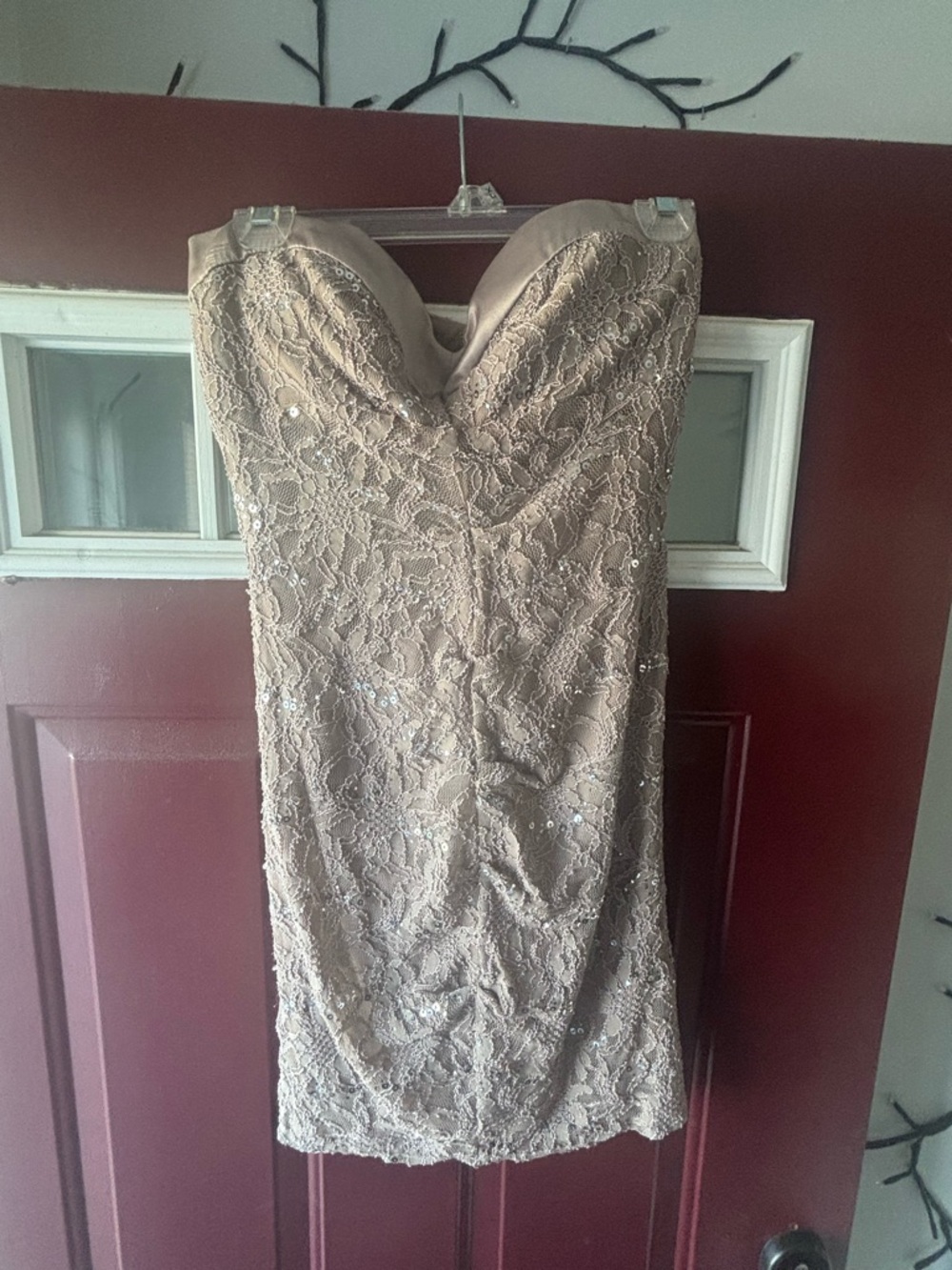 Jump Strapless Lace Sequin Dress - Beige